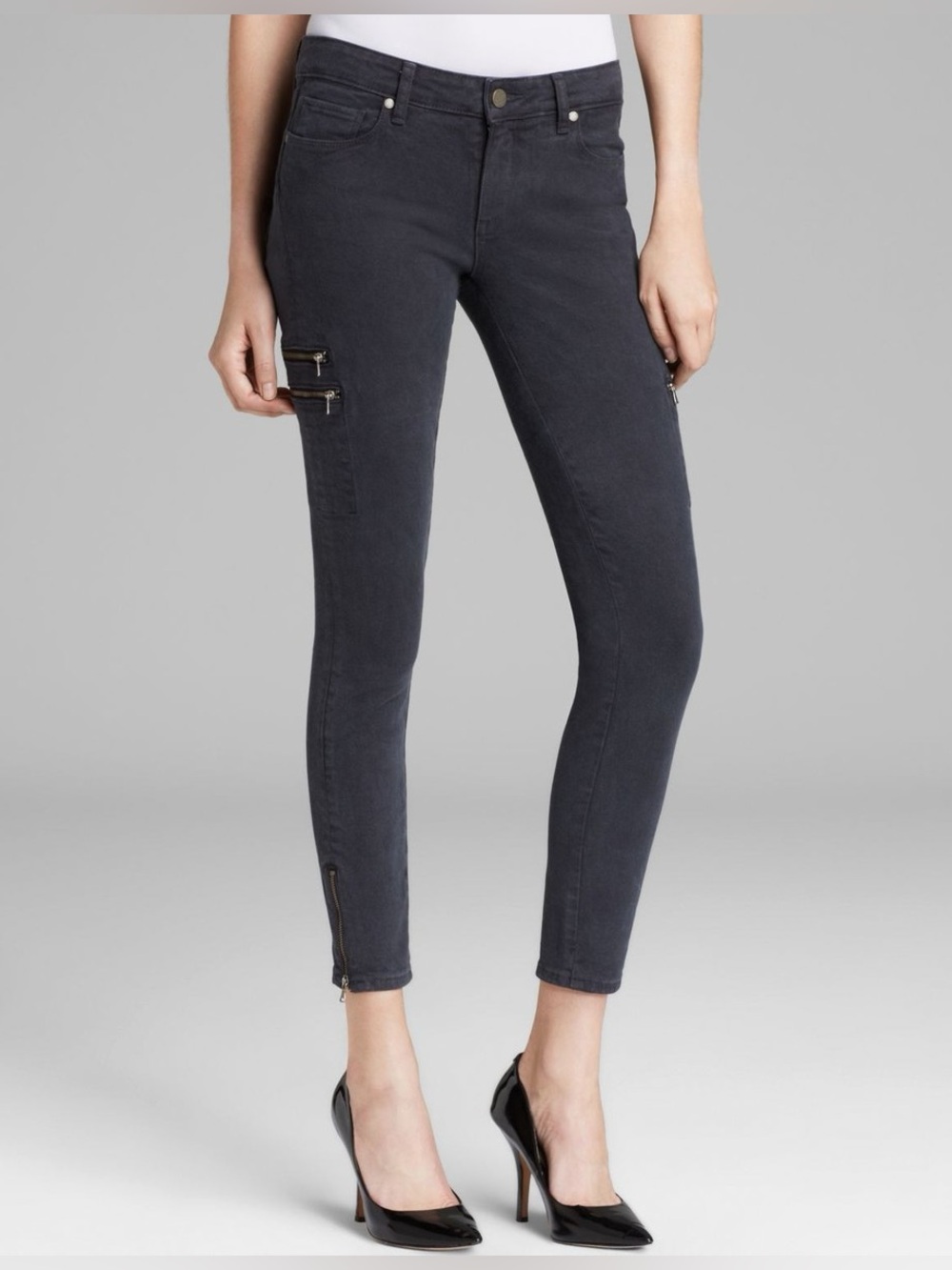 PAIGE Size 28 Denim Ivy Zip Detail Skinny Cargo Black Current Grey Ankle Pants